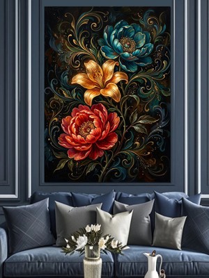 Tablomega Altın Detaylı Büyük Çiçekler Buketi Dekoratif Kanvas - Mdf Ahşap Tablo