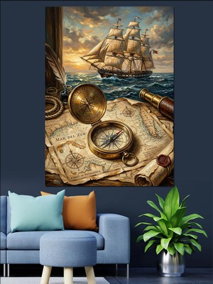 Karizma Tablo Antik Harita ve Denizci Pusulası Dekoratif Kanvas - Mdf Ahşap Tablo