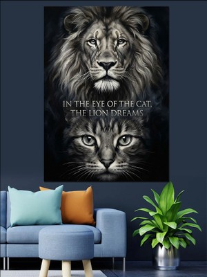 Tablomega Aslan ve Kedi Yüzü Birleşimi Dekoratif Kanvas - Mdf Ahşap Tablo