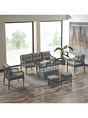 Joy Rattan Puflu Bahçe Balkon Takımı 3+1+1+ Camlı Masa Gri