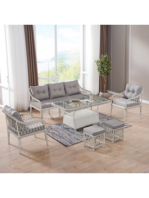 EVDEMO Joy Rattan Puflu Bahçe Balkon Takımı 3+1+1+ Camlı Masa Kemik Rengi