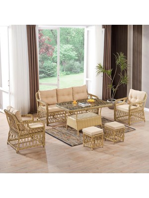 EVDEMO Edra Rattan Puflu Bahçe Balkon Takımı Cappuccino 3+1+1 Camlı Masa Plastik Rattan Konforlu Kullanım