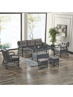 EVDEMO Edra Rattan Gri Oturma Grubu 3+1+1 Camlı Masa ile Konforlu Kullanım ve Dayanıklı Yapı