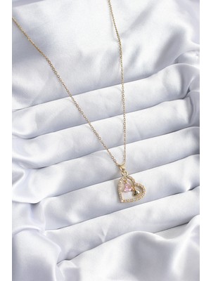 Oska Global 316L Çelik Gold Renk Zincir Zirkon Taşlı Kalp Model Kadın Kolye - Lisinya