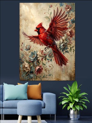 Tablomega Çiçekler Arasında Uçan Kırmızı Kuş Dekoratif Kanvas - Mdf Ahşap Tablo
