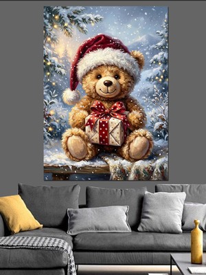 Tablomega Noel Şapkalı Hediye Tutan Ayıcık Dekoratif Kanvas - Mdf Ahşap Tablo