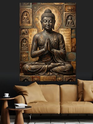 Tablomega Meditasyon Yapan Altın Buda Heykeli Dekoratif Kanvas - Mdf Ahşap Tablo