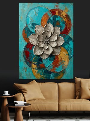 Tablomega Mavi Arka Planda Modern Çiçek Dekoratif Kanvas - Mdf Ahşap Tablo