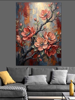 Tablomega Bahar Dalları ve Kırmızı Çiçekler Dekoratif Kanvas - Mdf Ahşap Tablo