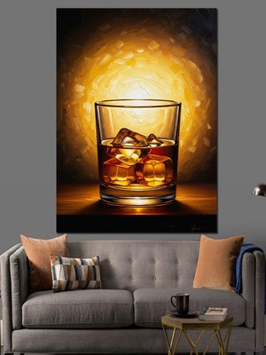 Tablomega Işıklı Buzlu Viski Bardağı Sunumu Dekoratif Kanvas - Mdf Ahşap Tablo