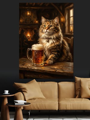 Tablomega Bira Bardağı Yanında Oturan Kedi Dekoratif Kanvas - Mdf Ahşap Tablo