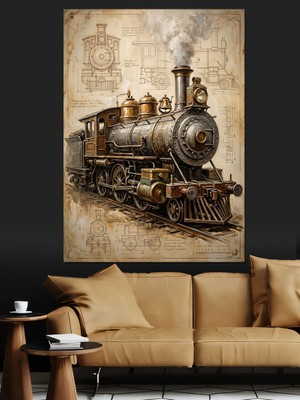 Karizma Tablo Antik Kağıt Üzerinde Lokomotif Planı Dekoratif Kanvas - Mdf Ahşap Tablo