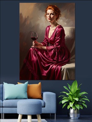 Karizma Tablo Kırmızı Elbiseli ve Kadehlidir Kadın Dekoratif Kanvas - Mdf Ahşap Tablo