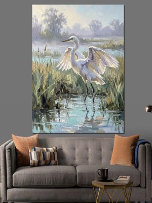 Tablomega Sazlıkta Duran Beyaz Balıkçıl Kuşu Dekoratif Kanvas - Mdf Ahşap Tablo