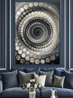 Tablomega Siyah Beyaz Spiral Optik Illüzyon Dekoratif Kanvas - Mdf Ahşap Tablo