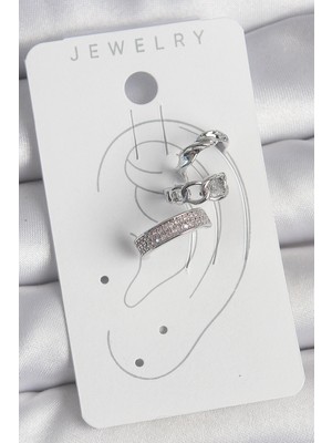 Oska Global Pirinç Gümüş Renk Zirkon Taşlı 3'lü Zincir Sarmal Model Kadın Kıkırdak Küpe - Lisinya