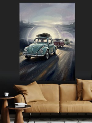 Karizma Tablo Yolda Ilerleyen Klasik Araba Dekoratif Kanvas - Mdf Ahşap Tablo