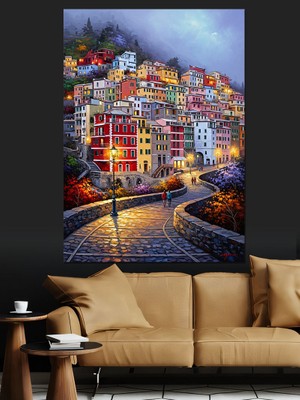 Karizma Tablo Gece Işıkları Içinde Italyan Kasabası Dekoratif Kanvas - Mdf Ahşap Tablo