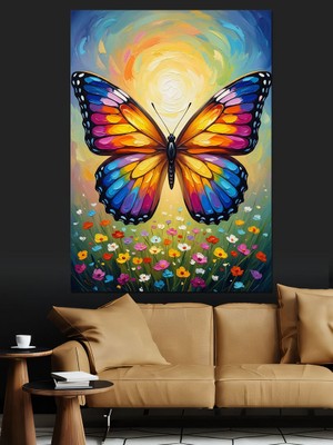 Karizma Tablo Çiçek Bahçesinde Büyük Renkli Kelebek Dekoratif Kanvas - Mdf Ahşap Tablo