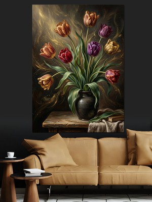 Karizma Tablo Vazoda Renkli Laleler Natürmort Tablo Dekoratif Kanvas - Mdf Ahşap Tablo
