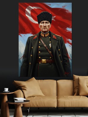 Tablomega Atatürk Türk Bayraklı Askeri Üniformalı Dekoratif Kanvas - Mdf Ahşap Tablo
