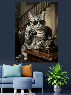 Karizma Tablo Gözlüklü ve Telefonla Konuşan Kedi Dekoratif Kanvas - Mdf Ahşap Tablo