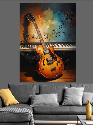 Tablomega Piyano Üzerinde Duran Elektro Gitar Dekoratif Kanvas - Mdf Ahşap Tablo