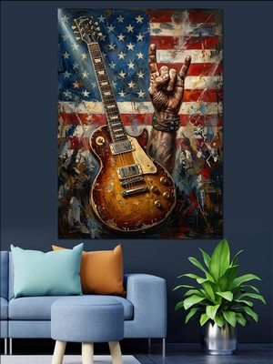 Tablomega Amerikan Bayrağı ve Rock Gitar Dekoratif Kanvas - Mdf Ahşap Tablo