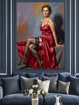 Karizma Tablo Kırmızı Elbiseli Şık Kadın Portresi Dekoratif Kanvas - Mdf Ahşap Tablo