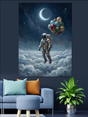 Karizma Tablo Uzayda Balonlarla Uçan Yalnız Astronot Dekoratif Kanvas - Mdf Ahşap Tablo