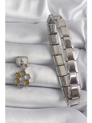 Oska Global 316L Çelik Gümüş Renk Sallantı Simli Bal Beteği Model Nomination Charm - Lisinya