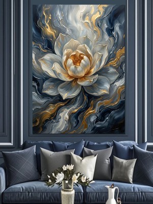 Karizma Tablo Beyaz Nilüfer ve Altın Dalgalar Dekoratif Kanvas - Mdf Ahşap Tablo