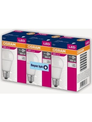 Osram LED Value 3lü Beyaz Işık Ampul 8.5 W 60WATT E27 Duy Tipi Enerji Tasarruflu