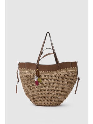 Oggo Hasır Deri Detaylı Large Omuz Çantası