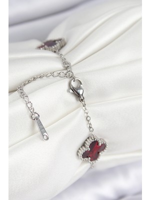 Oska Global 316L Çelik Sedefli Kırmızı Gümüş Renk Yonca Kadın Bileklik - Lisinya