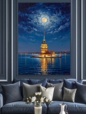 Tablomega Gece Işıkları Altında Kız Kulesi Dekoratif Kanvas - Mdf Ahşap Tablo