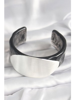 Oska Global Siyah Mermer Desen Akrilik Plastik Gümüş Oval Plaka Model Vintage Kadın Bilezik - Lisinya