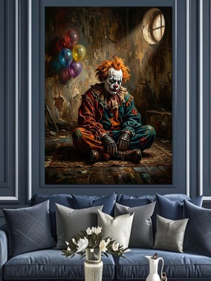 Tablomega Elinde Balon Tutan Hüzünlü Palyaço Dekoratif Kanvas - Mdf Ahşap Tablo