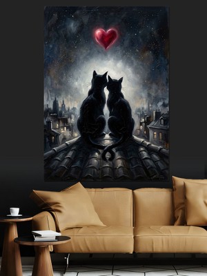 Karizma Tablo Dolunay Altında Öpüşen Iki Kedi Dekoratif Kanvas - Mdf Ahşap Tablo