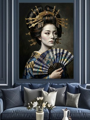 Karizma Tablo Geleneksel Geyşa ve Yelpaze Portresi Dekoratif Kanvas - Mdf Ahşap Tablo