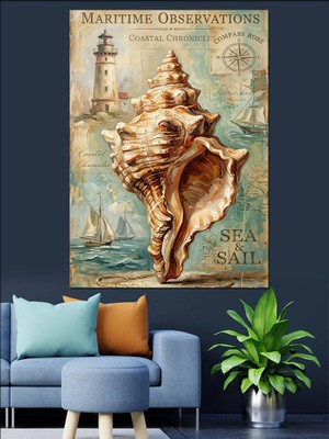 Karizma Tablo Antik Kağıtta Büyük Deniz Kabuğu Dekoratif Kanvas - Mdf Ahşap Tablo