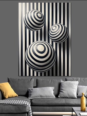 Karizma Tablo Siyah Beyaz Spiral Çizgili Küreler Dekoratif Kanvas - Mdf Ahşap Tablo