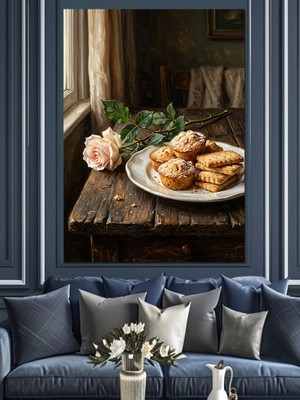 Tablomega Kurabiyeler ve Güller Nostaljik Sofra Dekoratif Kanvas - Mdf Ahşap Tablo