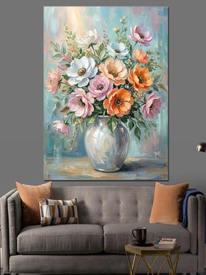 Karizma Tablo Vazo Içinde Renkli Bahar Çiçekleri Dekoratif Kanvas - Mdf Ahşap Tablo
