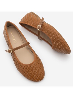 Marjin Kadın Yuvarlak Burun Bantlı Örgü Desen Günlük Babet Avinel Taba