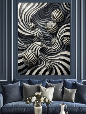Karizma Tablo Siyah Beyaz Spiral Dalga Illüzyonu Dekoratif Kanvas - Mdf Ahşap Tablo