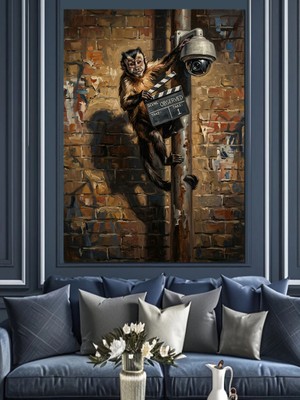 Karizma Tablo Duvara Tırmanan Maymun ve Kamera Dekoratif Kanvas - Mdf Ahşap Tablo