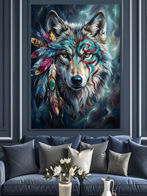 Karizma Tablo Etnik Desenli Bozkurt Yüzü Portresi Dekoratif Kanvas - Mdf Ahşap Tablo