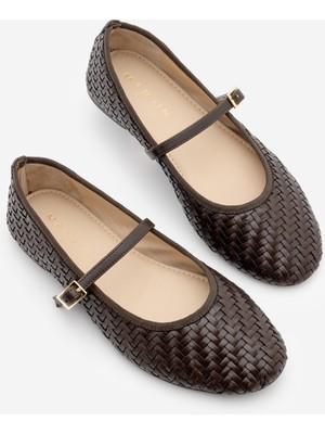 Marjin Kadın Yuvarlak Burun Bantlı Örgü Desen Günlük Babet Avinel Kahve