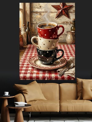 Karizma Tablo Üst Üste Dizilmiş Kahve Fincanları Dekoratif Kanvas - Mdf Ahşap Tablo